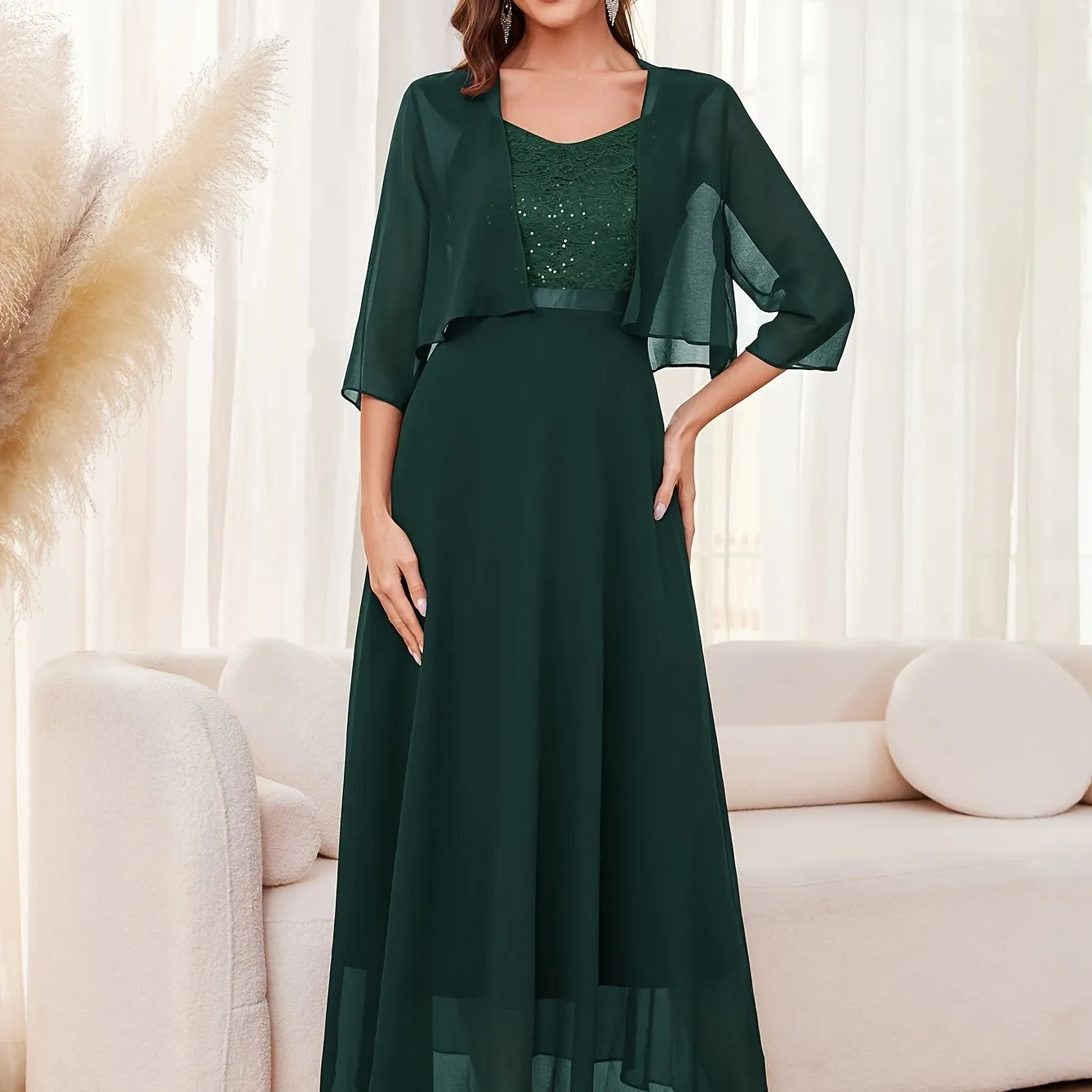 Elegant Pendulum Dress Set - Crew Neck, Micro Elastic Polyester, Solid Color, Open Front Half Sleeve Cover Up & Sequined Lace Splicing Aline Flowy Dress for Women - Hand Wash or Professional Dry Clean, Woven Fabric