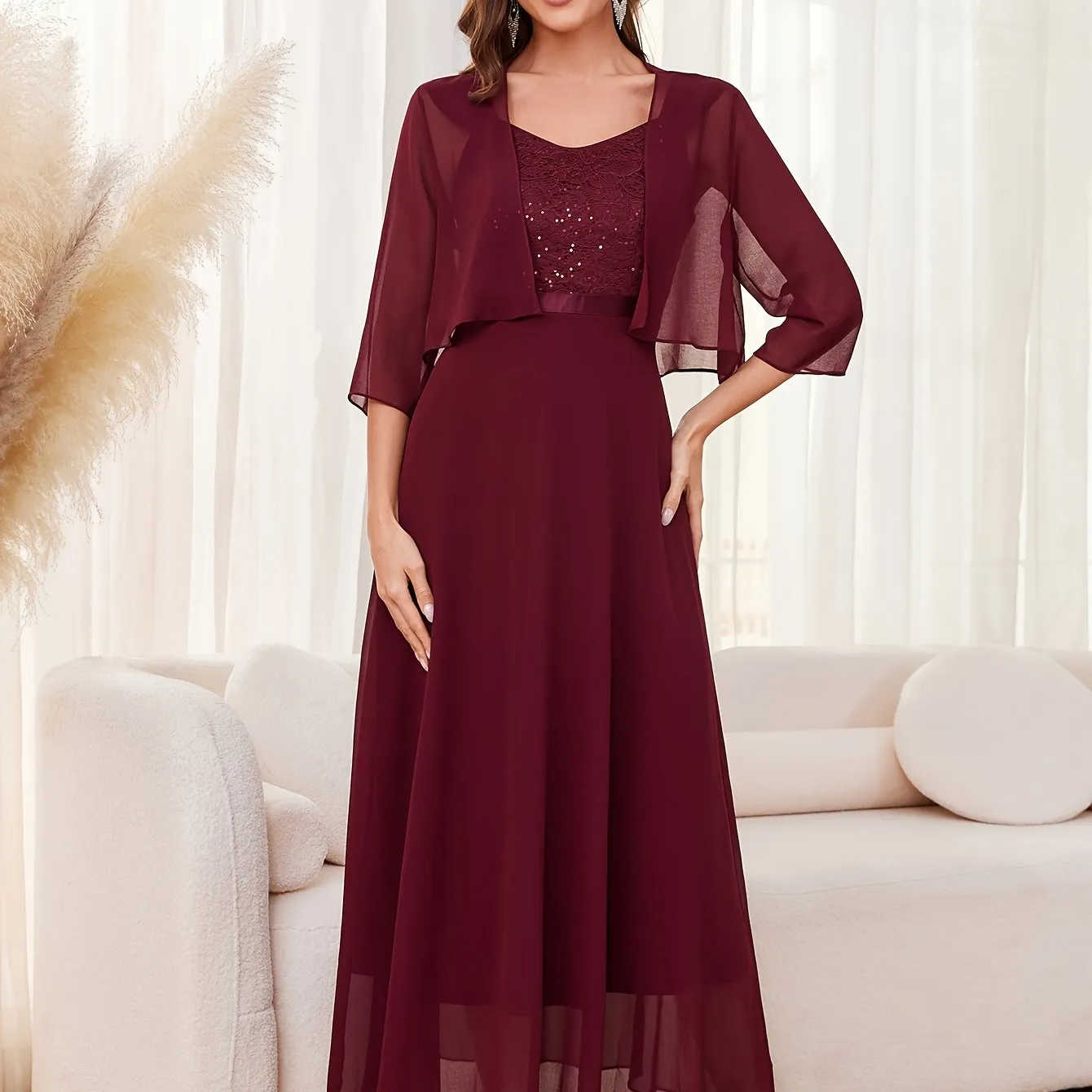 Elegant Pendulum Dress Set - Crew Neck, Micro Elastic Polyester, Solid Color, Open Front Half Sleeve Cover Up & Sequined Lace Splicing Aline Flowy Dress for Women - Hand Wash or Professional Dry Clean, Woven Fabric