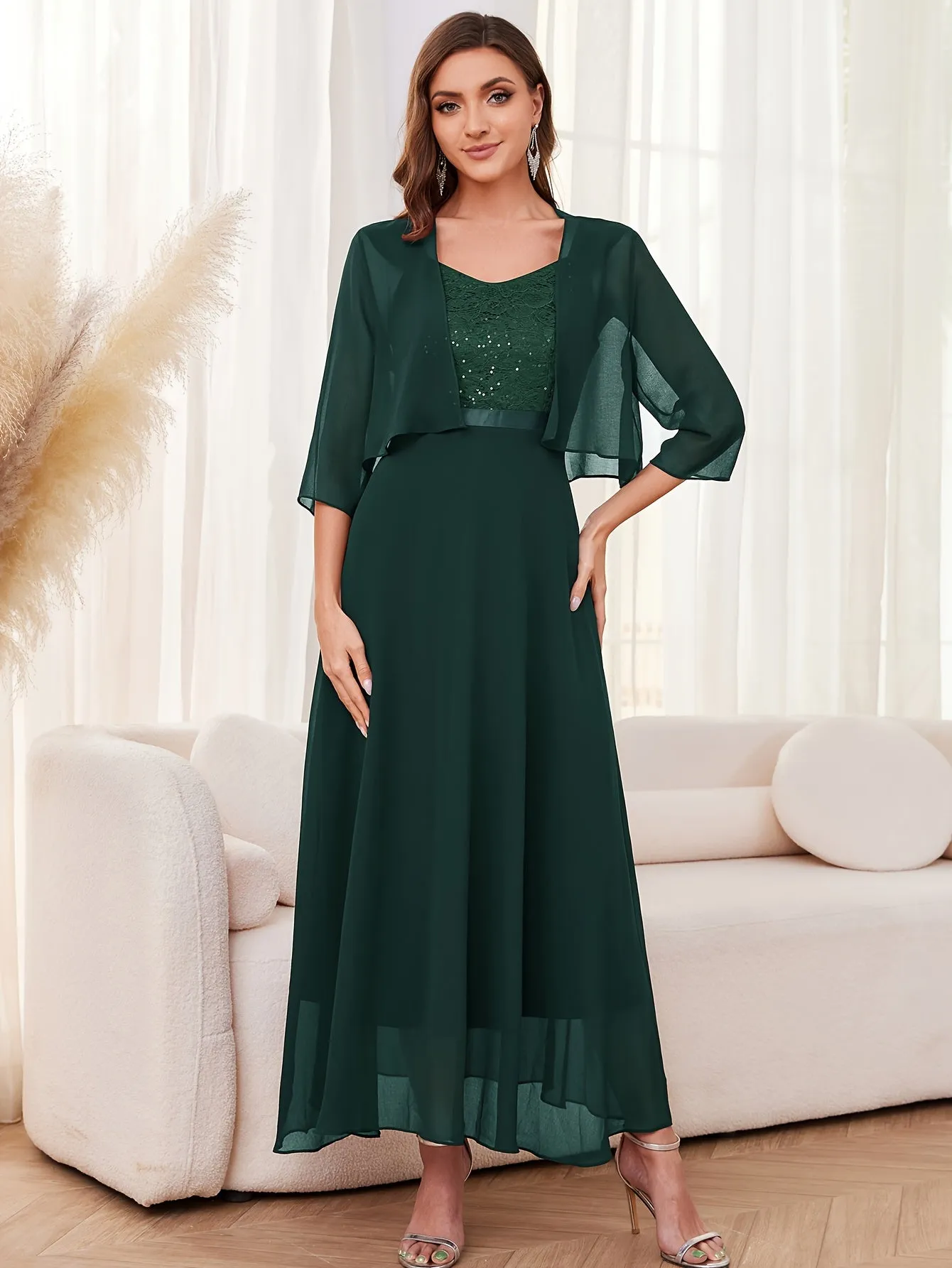 Elegant Pendulum Dress Set - Crew Neck, Micro Elastic Polyester, Solid Color, Open Front Half Sleeve Cover Up & Sequined Lace Splicing Aline Flowy Dress for Women - Hand Wash or Professional Dry Clean, Woven Fabric