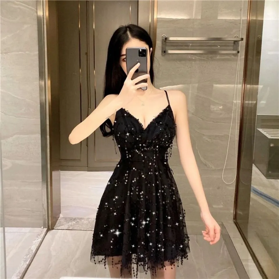 IKERRLAX New Korean Style Sexy Tassel Sequined Backless Dress Beach Dress Suspender Skirt Nightclub Skirt Tulle Skirt