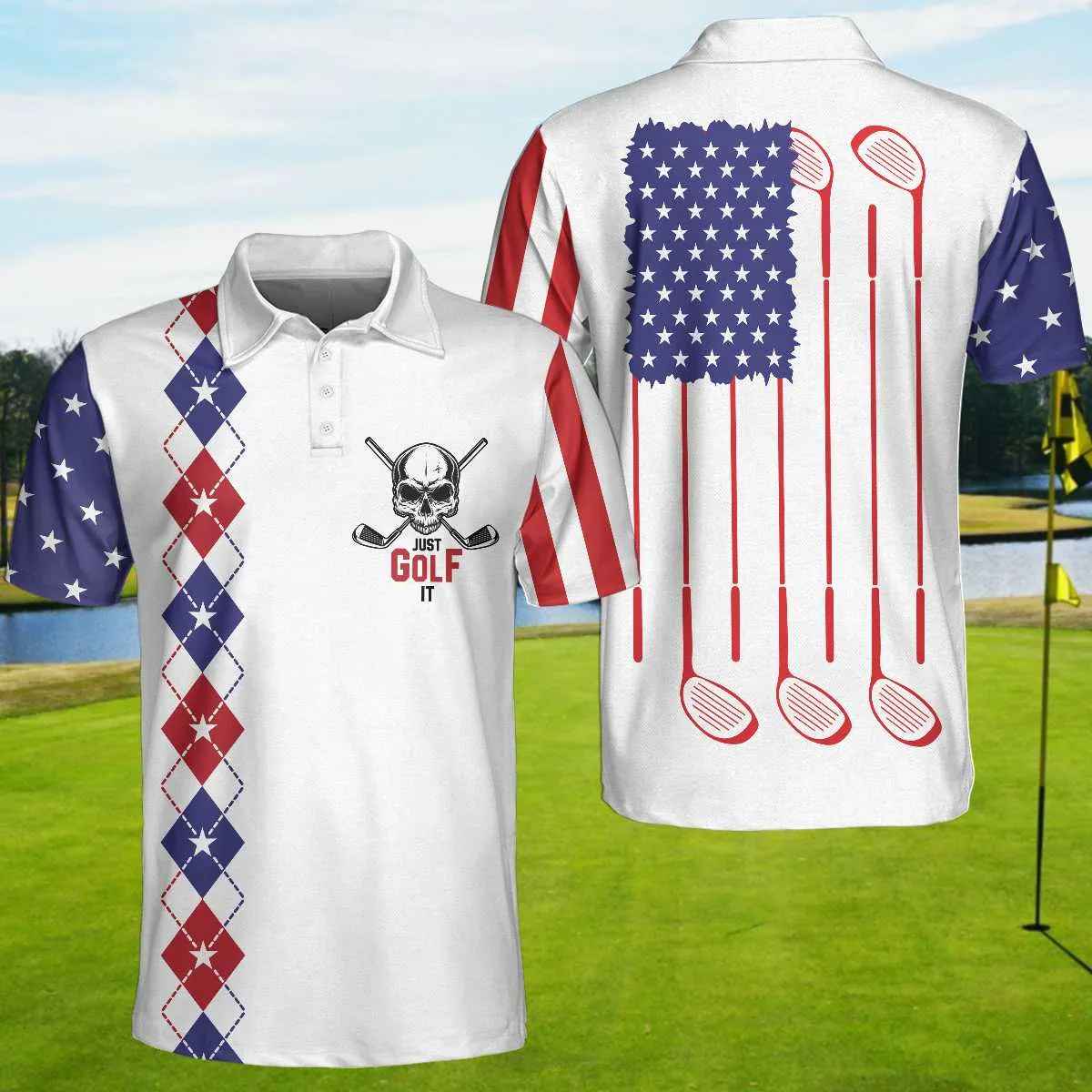 Just Golf It Skull Short Sleeve Golf Polo Shirt, Argyle Pattern American Flag Golf Shirt For Men Coolspod