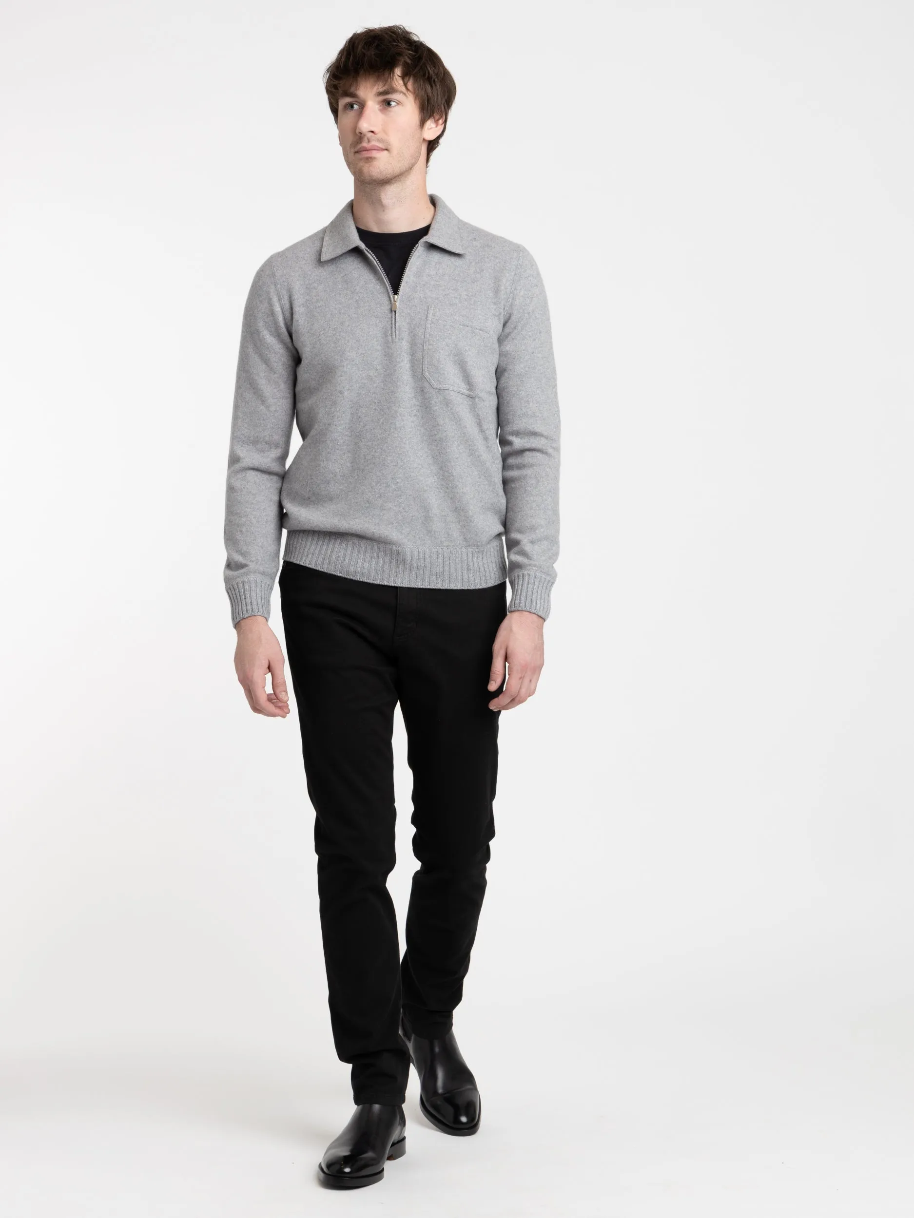 Light Grey Cashmere Quarter-Zip Polo Knit