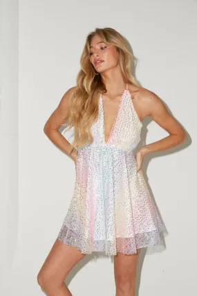 Lona Halter Neck Rainbow Tulle Sequin Mini Dress