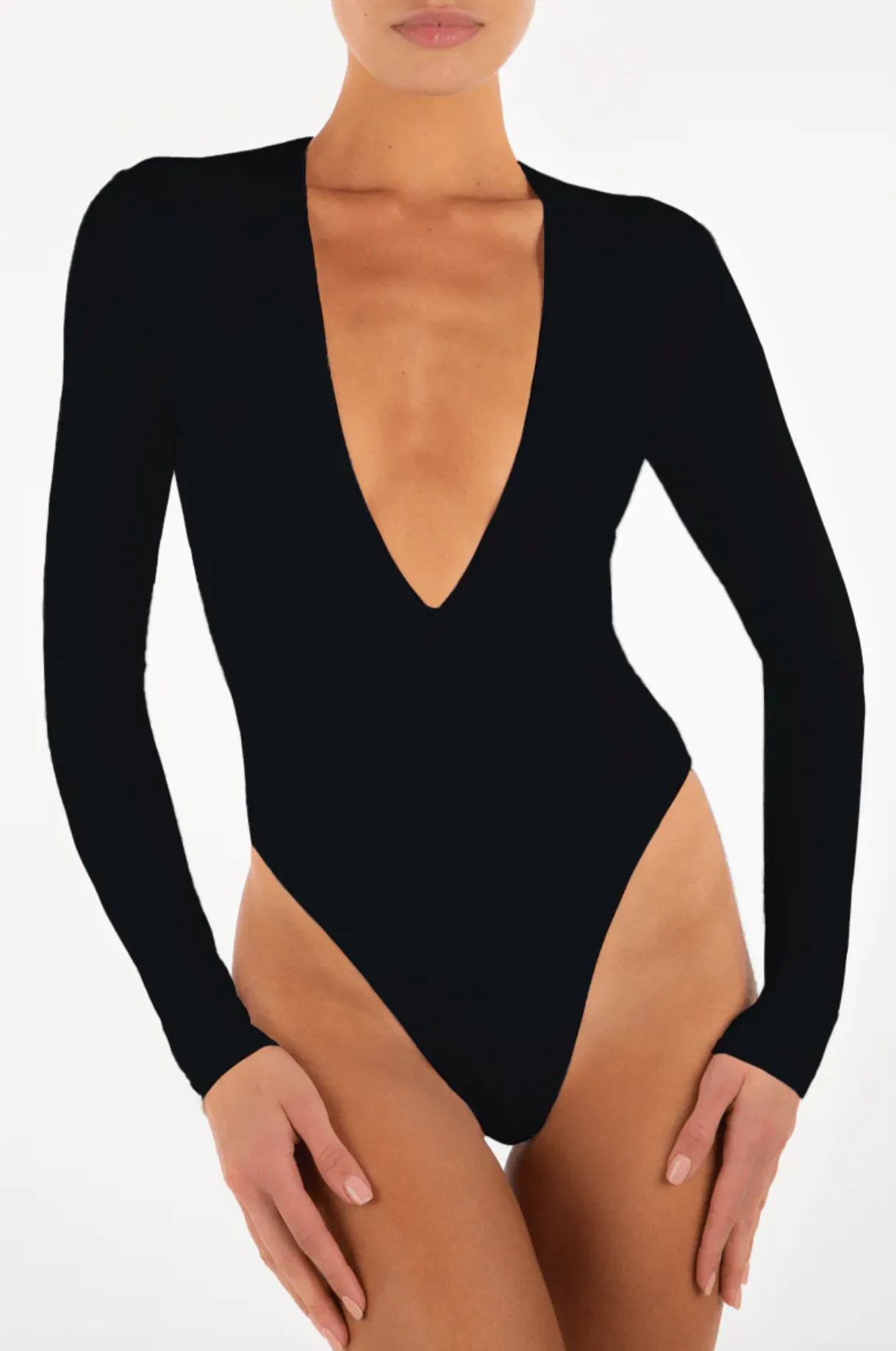 Long Sleeve Deep V Bodysuit - Black