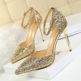 Luxury Sequined Womens Sandals Sexy Pumps 7.5cm 9.5cm Stiletto Heels Wedding Party Shoes Ankle Strap Pointed Toe Summer Sandale Size 35-40