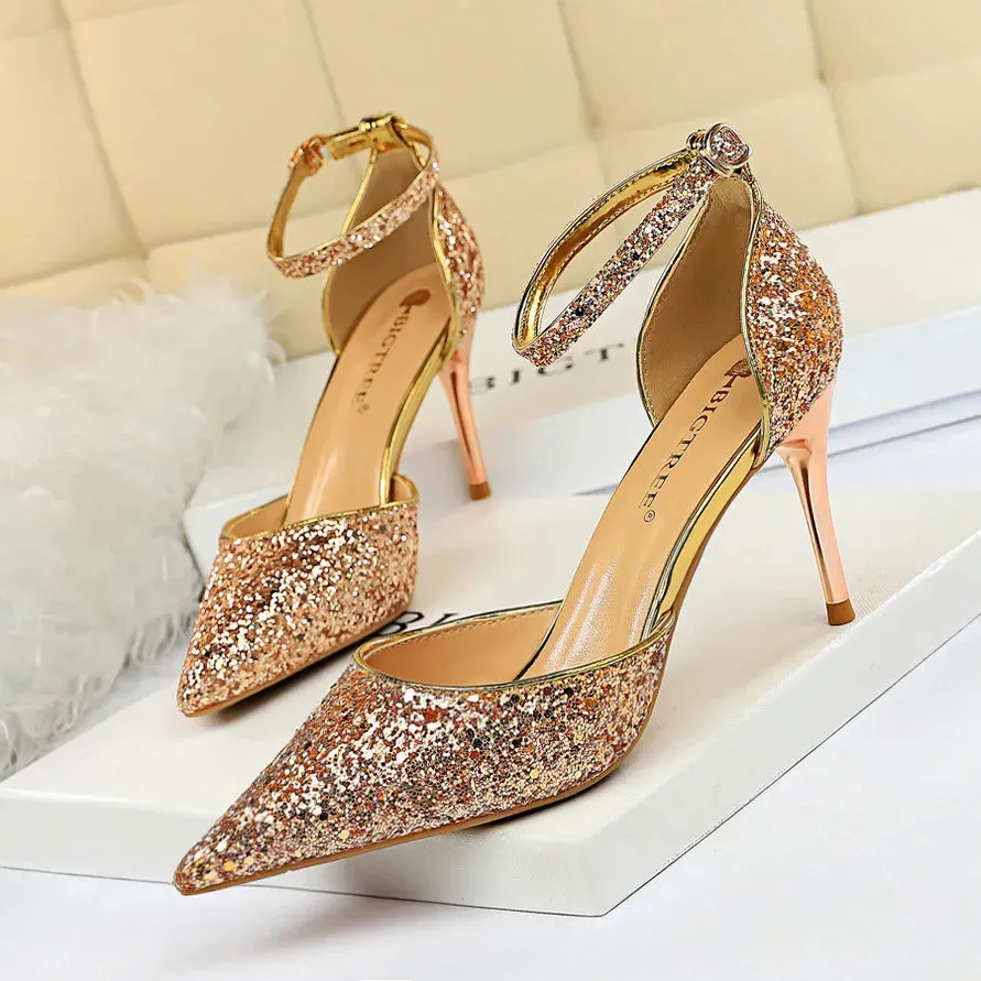 Luxury Sequined Womens Sandals Sexy Pumps 7.5cm 9.5cm Stiletto Heels Wedding Party Shoes Ankle Strap Pointed Toe Summer Sandale Size 35-40