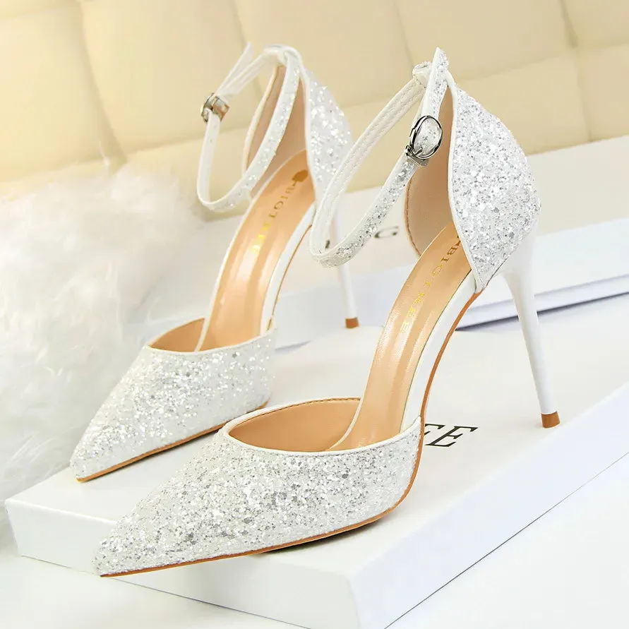 Luxury Sequined Womens Sandals Sexy Pumps 7.5cm 9.5cm Stiletto Heels Wedding Party Shoes Ankle Strap Pointed Toe Summer Sandale Size 35-40