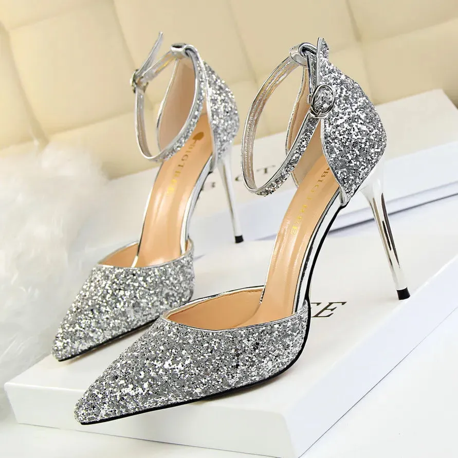 Luxury Sequined Womens Sandals Sexy Pumps 7.5cm 9.5cm Stiletto Heels Wedding Party Shoes Ankle Strap Pointed Toe Summer Sandale Size 35-40