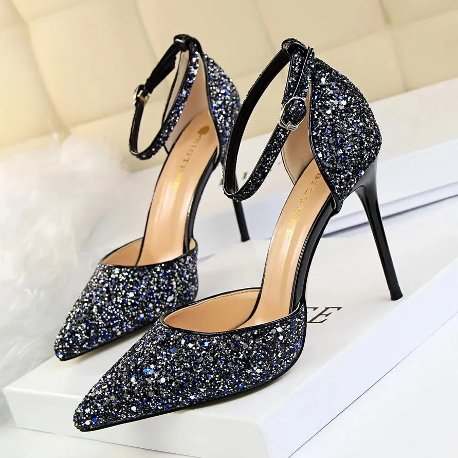 Luxury Sequined Womens Sandals Sexy Pumps 7.5cm 9.5cm Stiletto Heels Wedding Party Shoes Ankle Strap Pointed Toe Summer Sandale Size 35-40