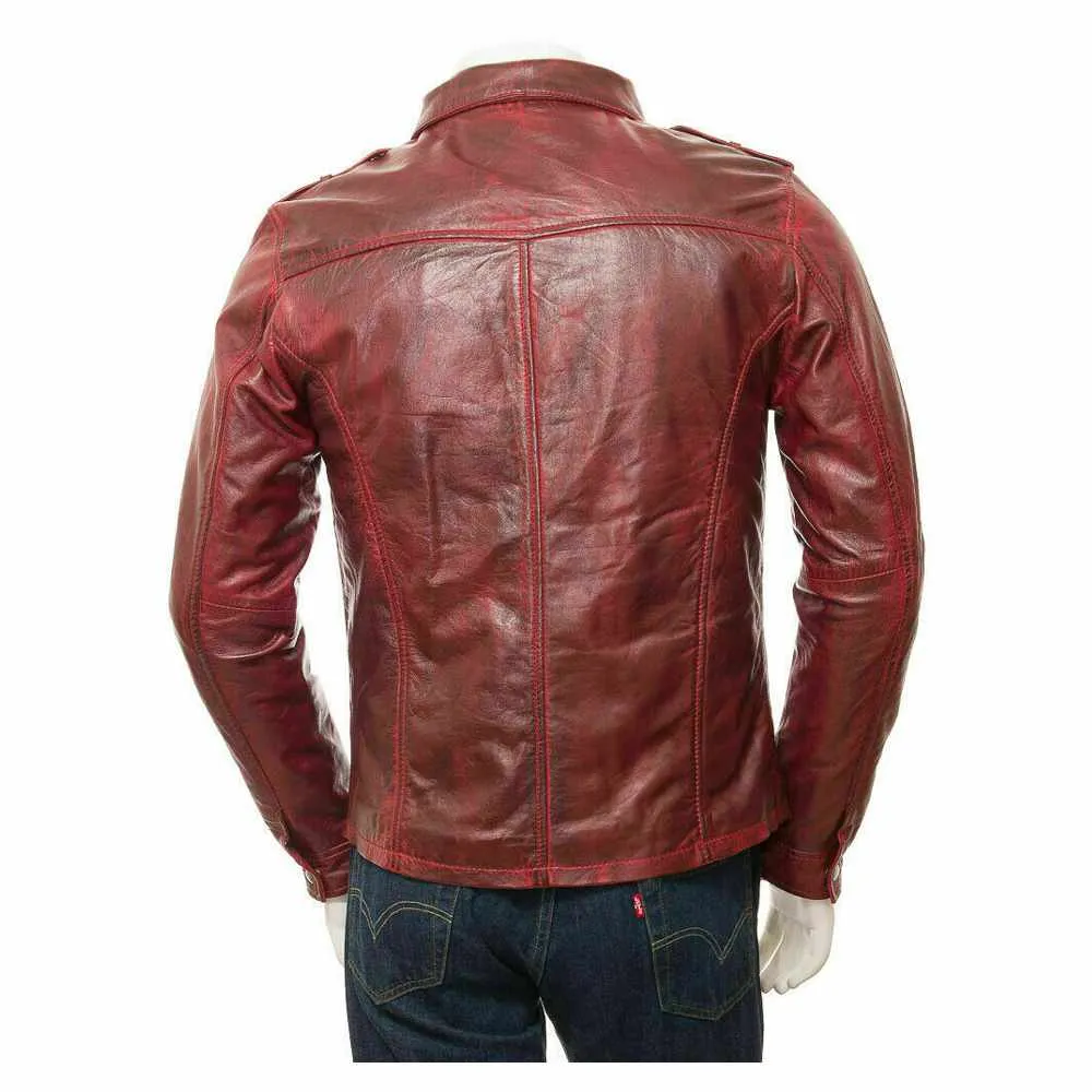 Men Distressed Red Leather Long Sleeve Biker Shirt