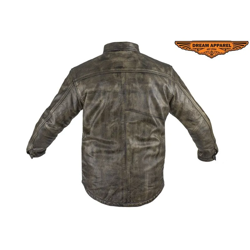 Men's Distressed Brown Leather Motorcycle Shirt With Concealed Carry