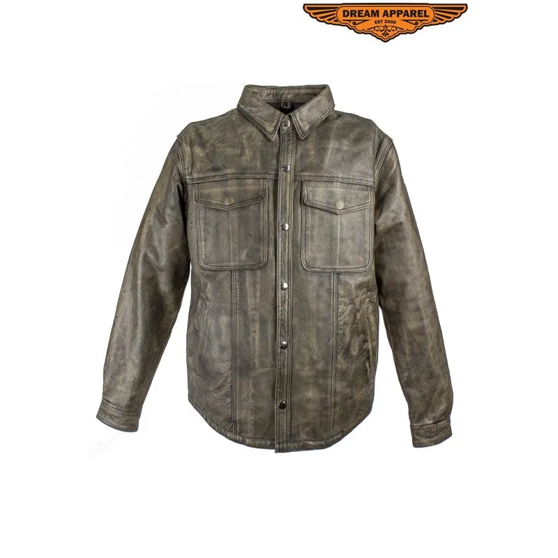 Men's Distressed Brown Leather Motorcycle Shirt With Concealed Carry