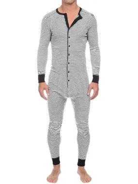 Men's Slim Striped Print Crew Neck Button Long Sleeve Trousers One Piece Pajama