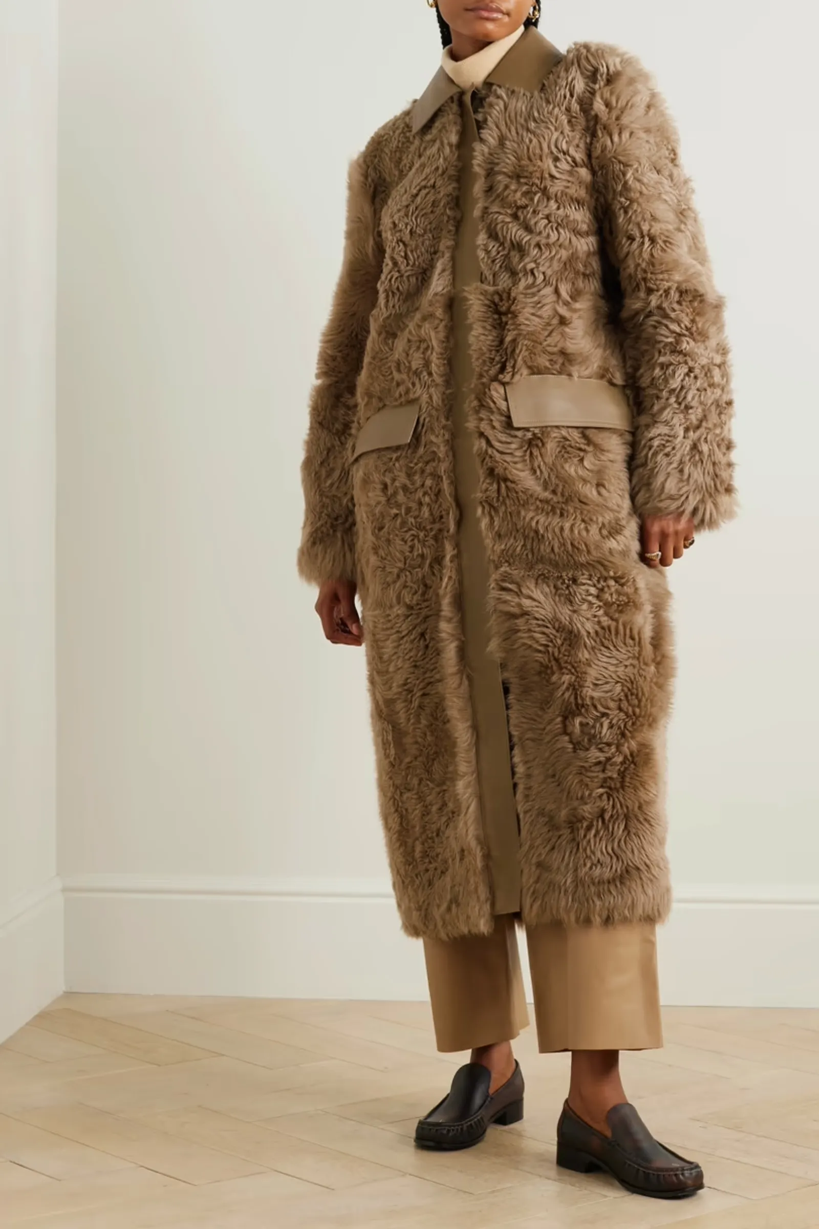   NET SUSTAIN Leather-trimmed Shearling Coat