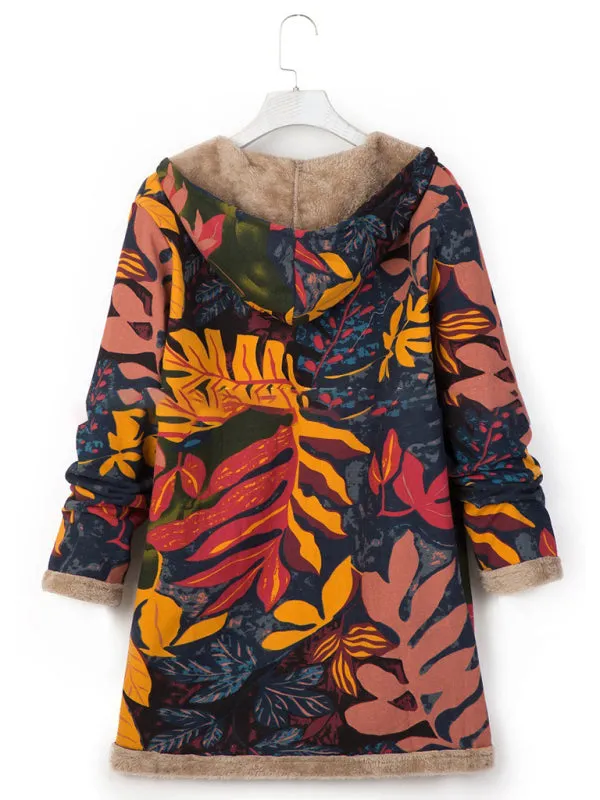 New women's cotton and linen printed hooded sweater warm plush jacket