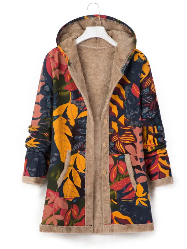 New women's cotton and linen printed hooded sweater warm plush jacket