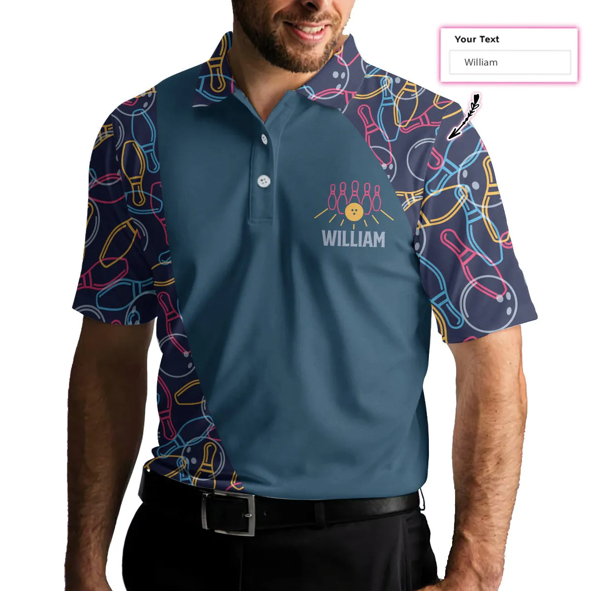 Personalized Bowling Ball Neon Pattern Custom Polo Shirt, Blue Bowling Polo Shirt For Male Bowlers Coolspod