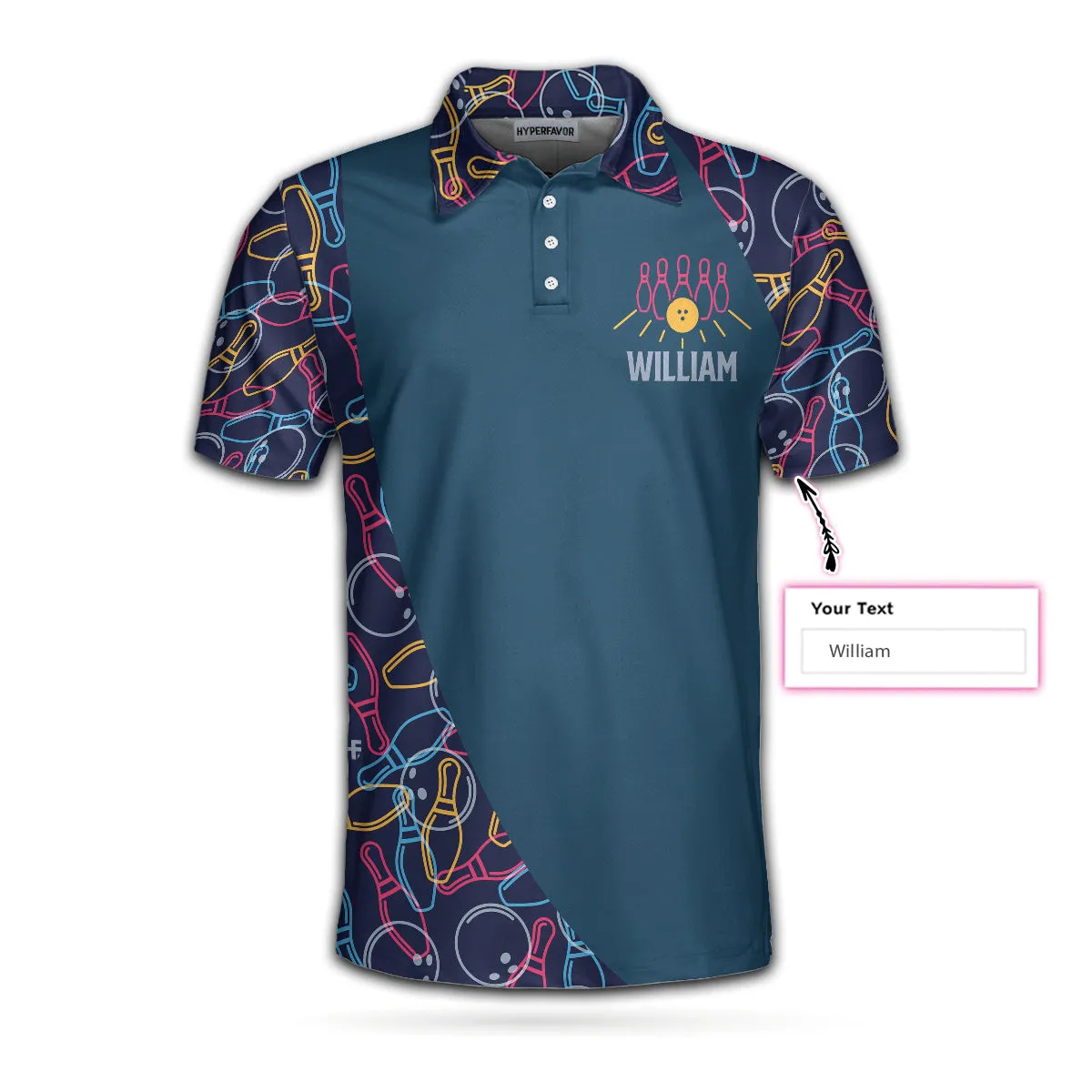 Personalized Bowling Ball Neon Pattern Custom Polo Shirt, Blue Bowling Polo Shirt For Male Bowlers Coolspod