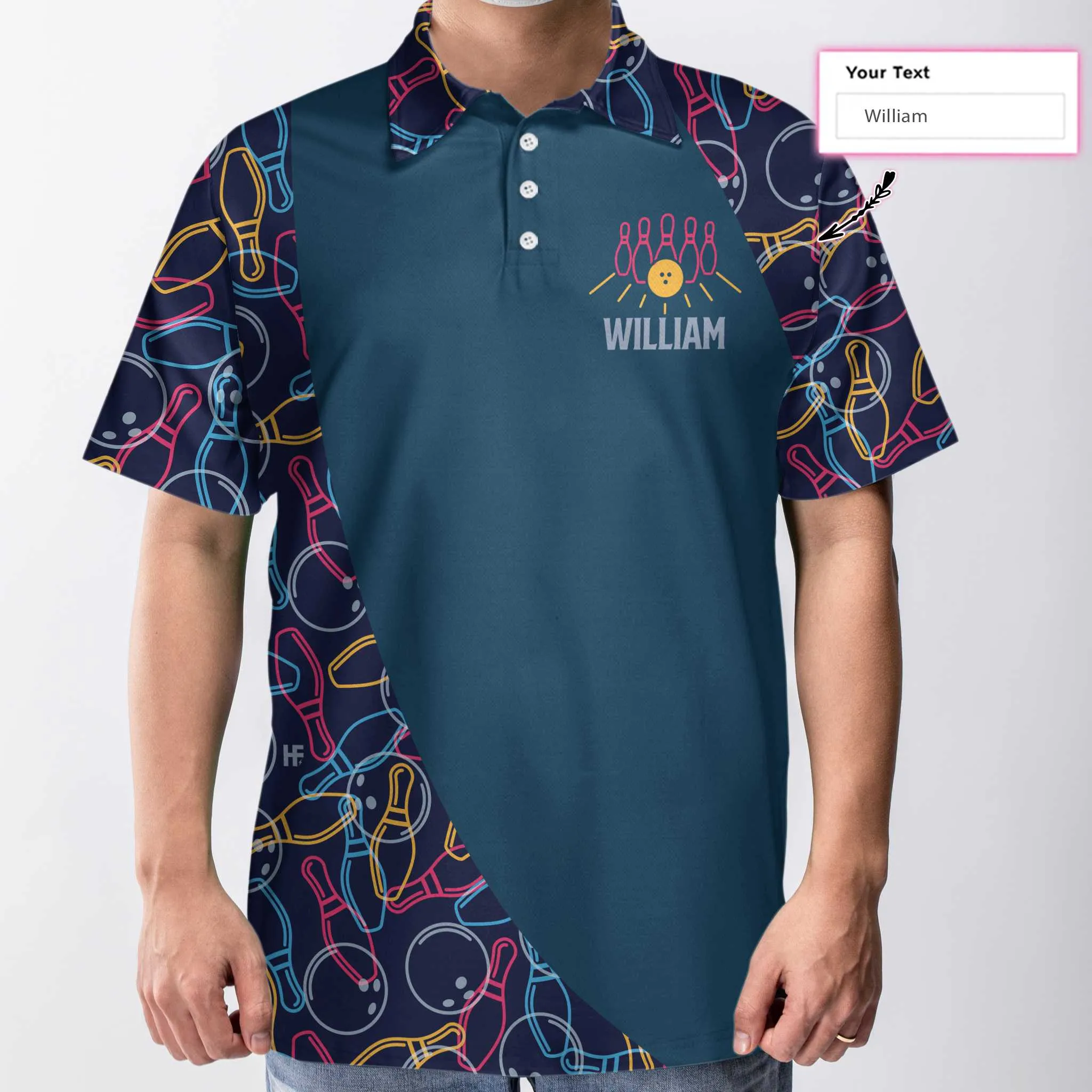 Personalized Bowling Ball Neon Pattern Custom Polo Shirt, Blue Bowling Polo Shirt For Male Bowlers Coolspod