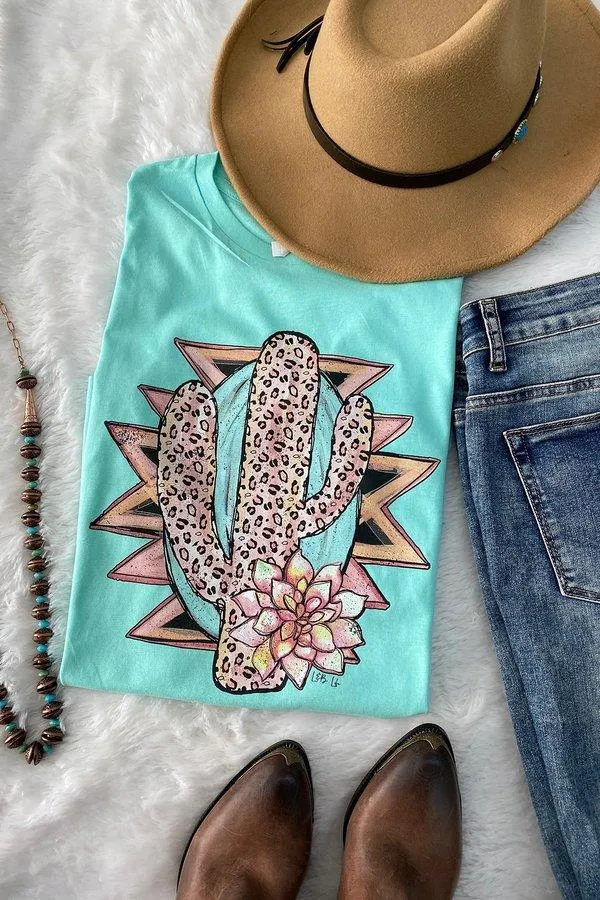 Pink Leopard Cactus Mint T-Shirt