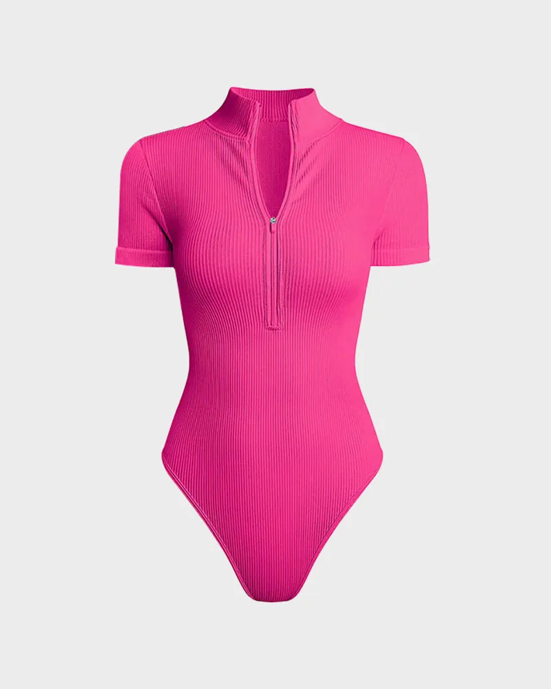 Ribbed Short Sleeve Half-Zip Sculpting Bodysuit