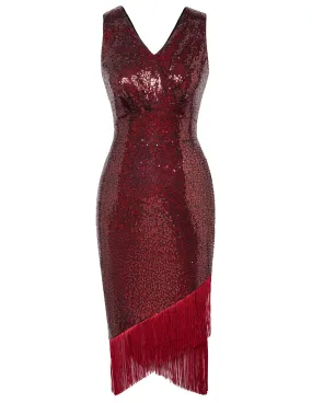 Seckill Offer⌛Sequined Sleeveless V-Neck Tassel Decorated Wrap Hem Party Dress