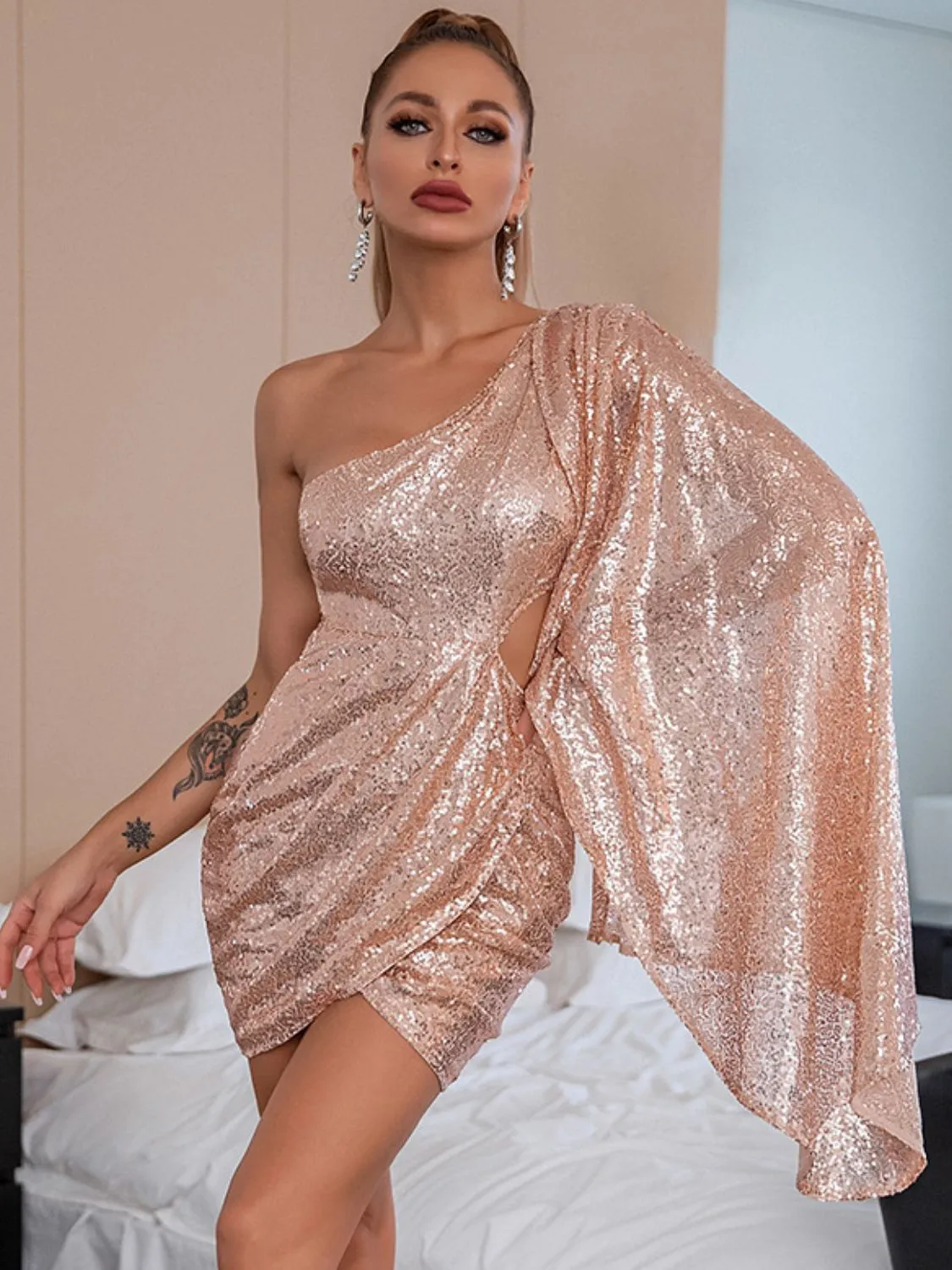 Sequined Cutout Cloak Sleeve Mini Wrap Dress