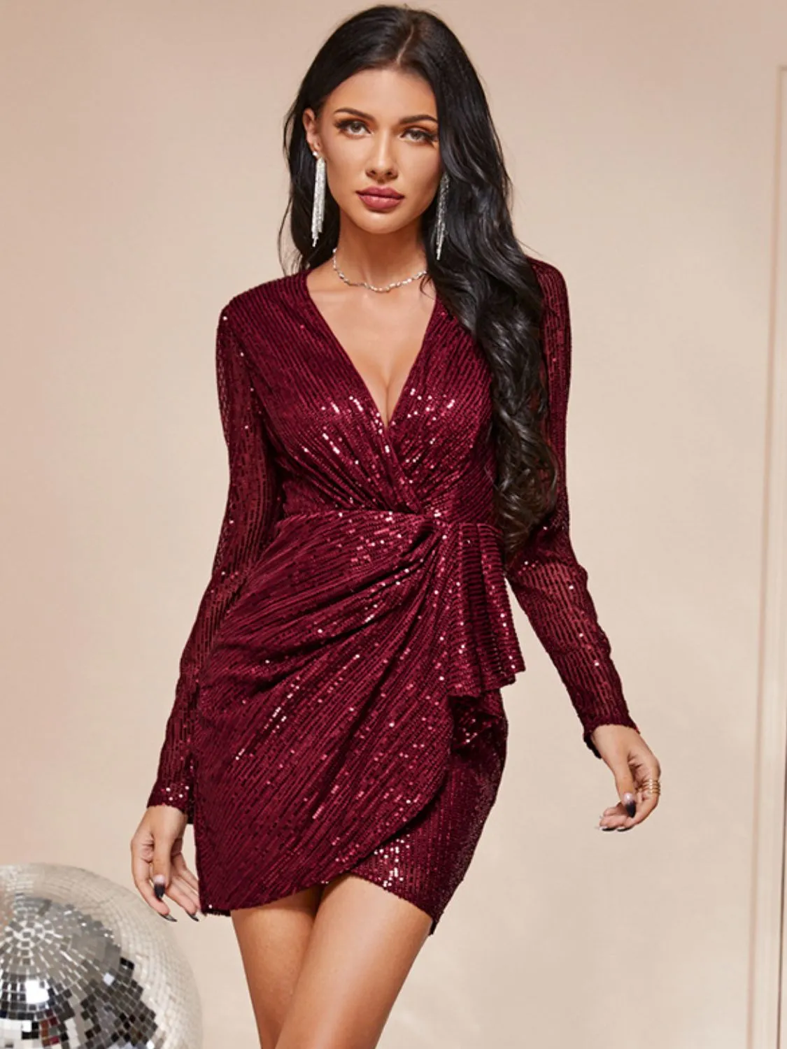 Sequined Puff Sleeve Ruffled Mini Wrap Dress