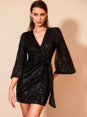 Sequined Tie-Waist Surplice Mini Wrap Dress