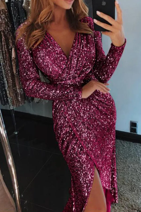 Sequins V-neck Slit Wrap Dress