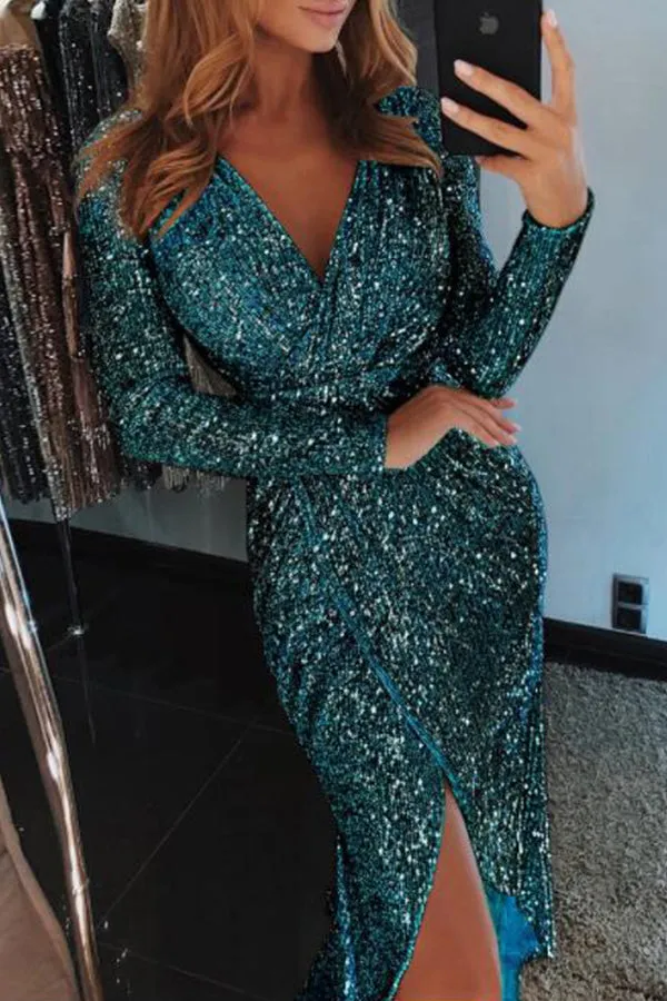 Sequins V-neck Slit Wrap Dress