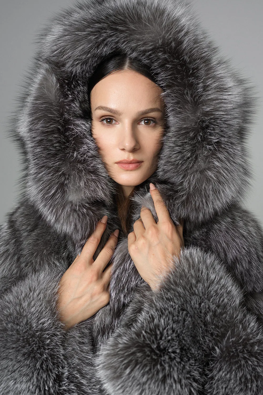 Silver Hooded Arctic Fox Raccoon Fur Jacket