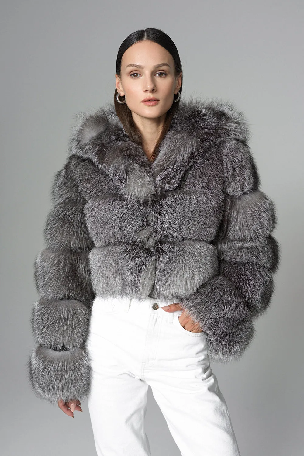 Silver Hooded Arctic Fox Raccoon Fur Jacket