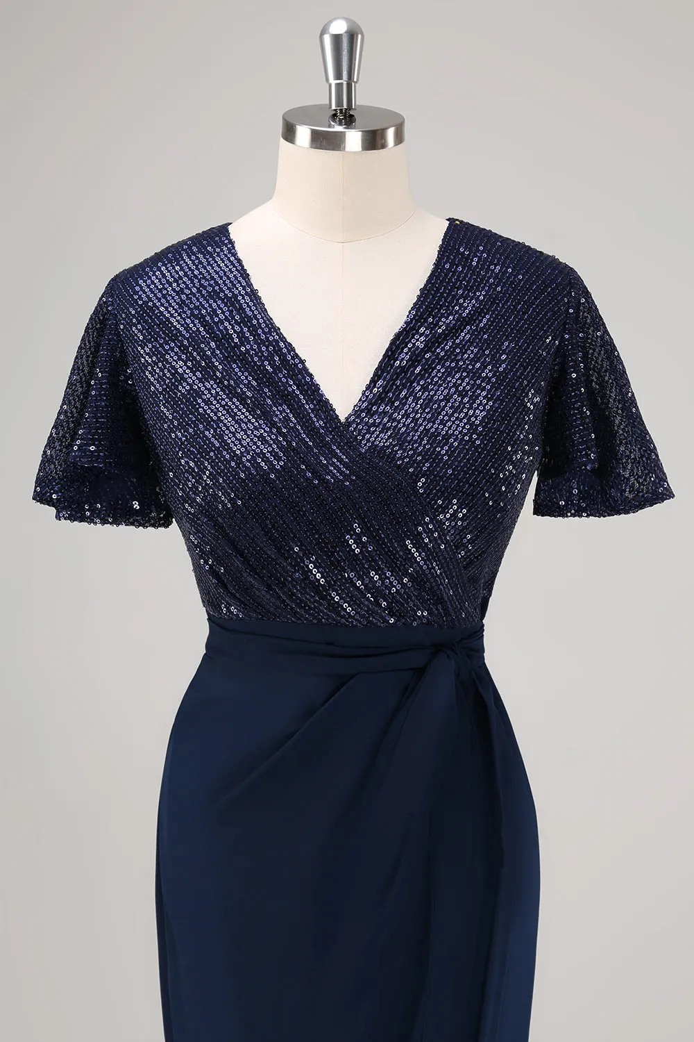 Sparkly Navy Sequined Ruched Wrap Dress with Short Sleeves