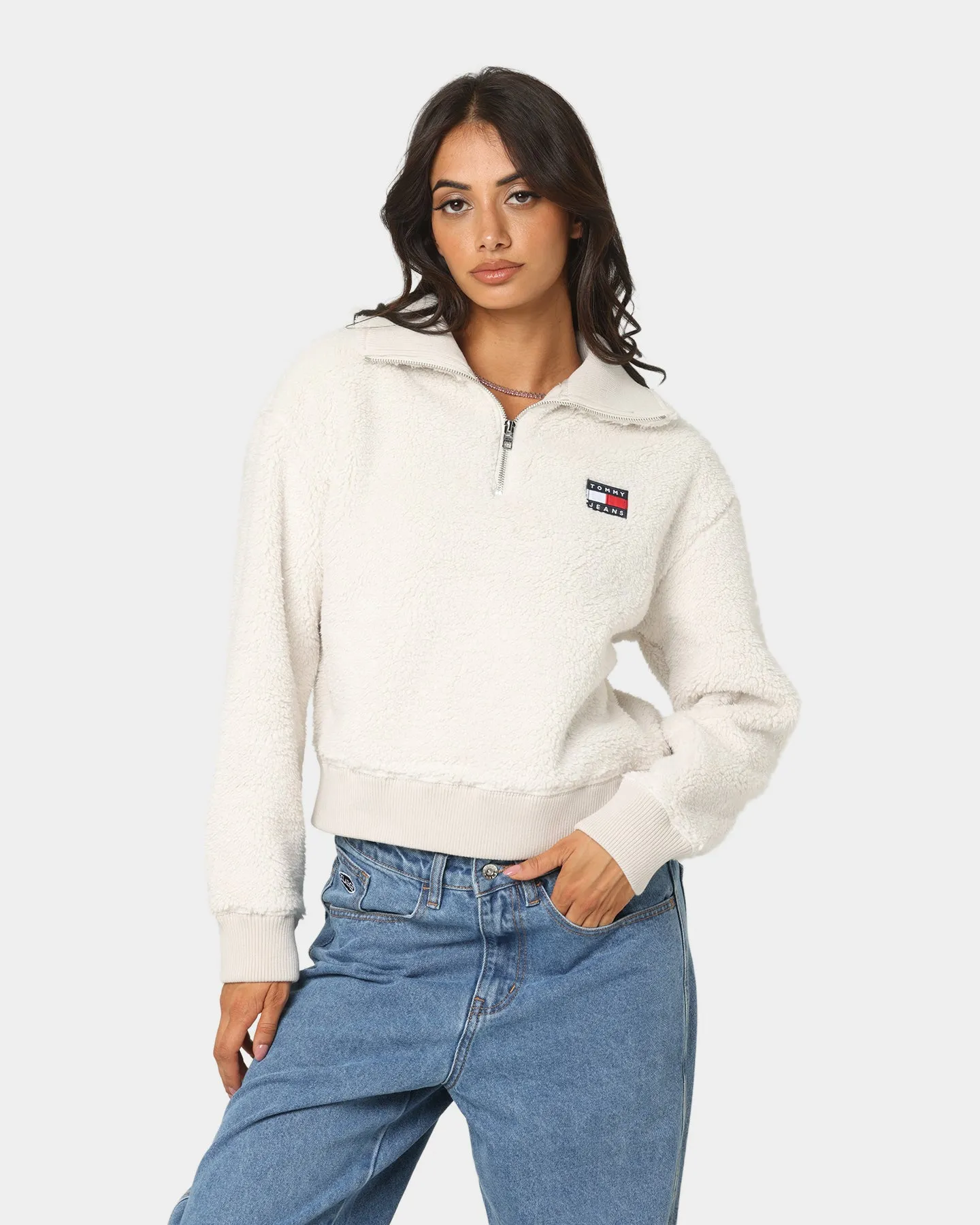 Tommy Jeans Women's Plush Badge Quarter Zip Sweater Stony Beige