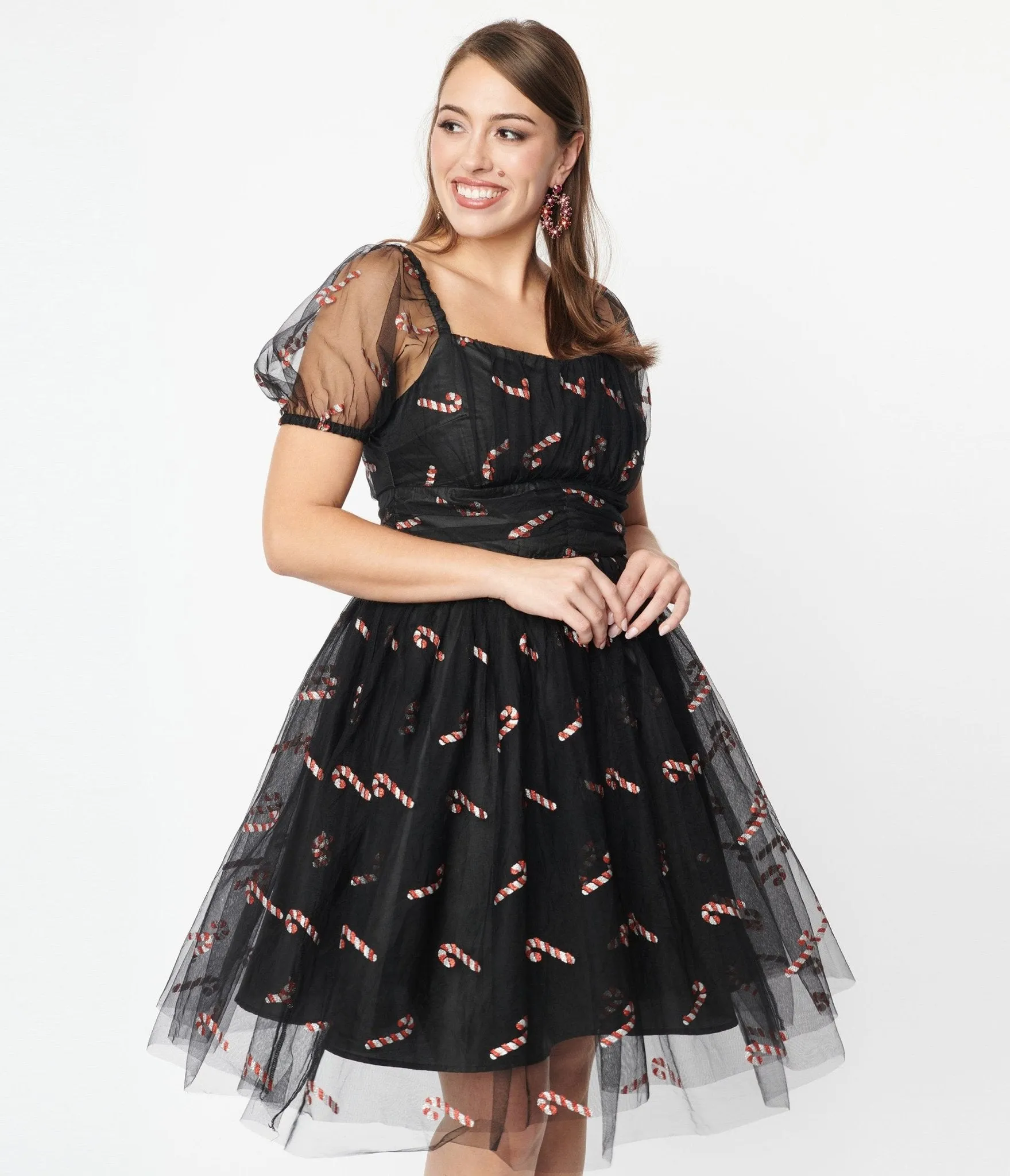 Unique Vintage Black & Glitter Candy Canes Babydoll Dress