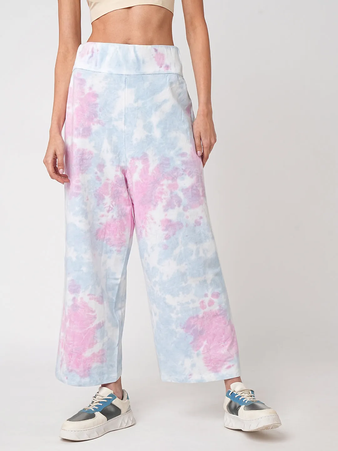 Women Blue Pink Tie & Dye High-Rise Culottes