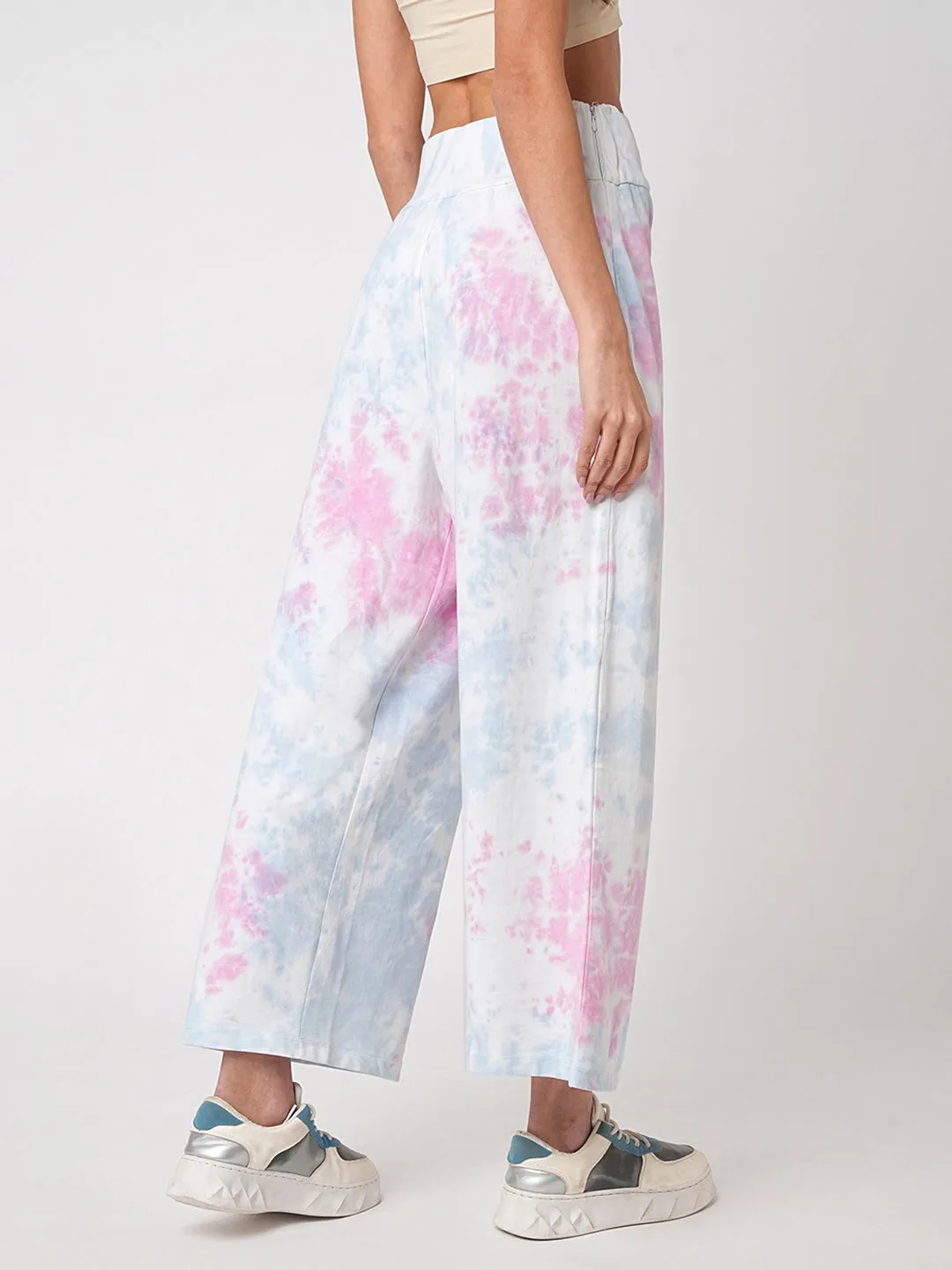 Women Blue Pink Tie & Dye High-Rise Culottes