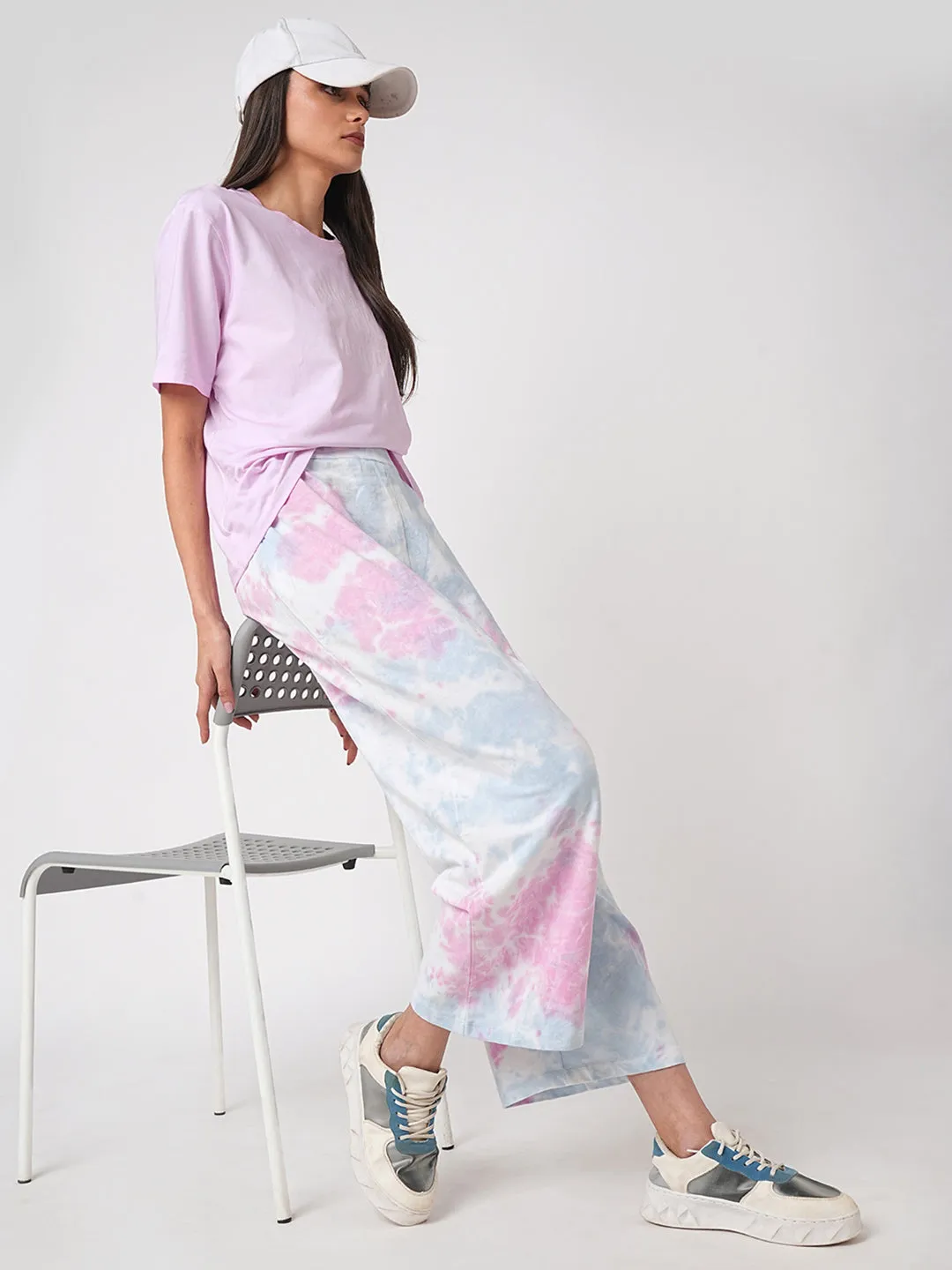 Women Blue Pink Tie & Dye High-Rise Culottes