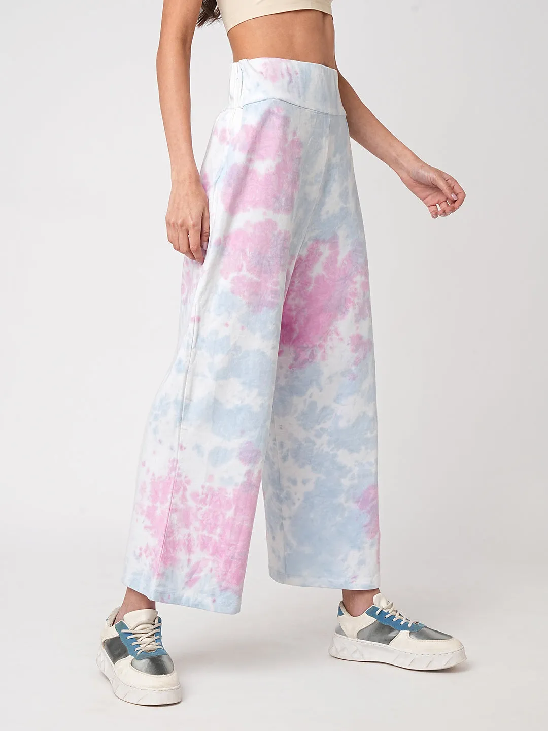 Women Blue Pink Tie & Dye High-Rise Culottes