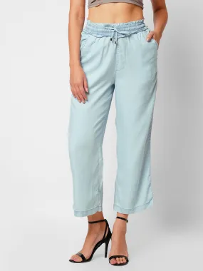 Women Light Blue Mid Rise Paper Bag Culottes