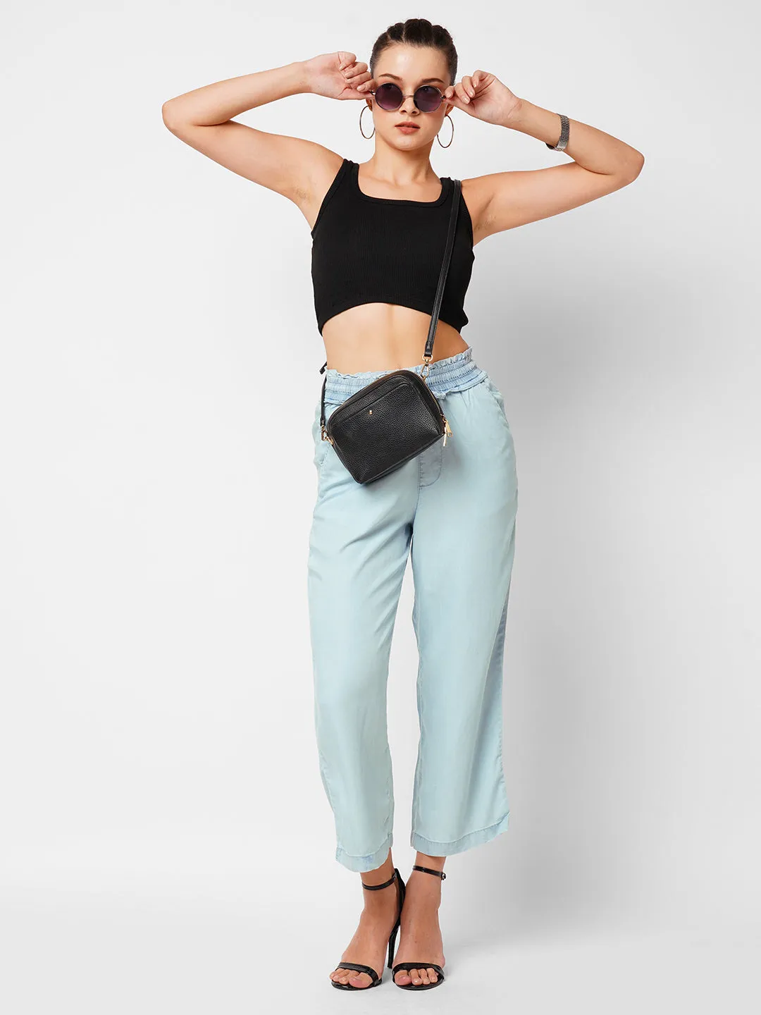 Women Light Blue Mid Rise Paper Bag Culottes