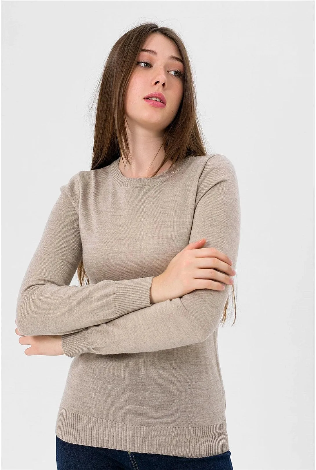 Women's Beige Crew Neck Knitwear Sweater | Timeless and Elegant Jumper