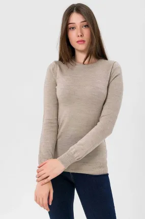 Women's Beige Crew Neck Knitwear Sweater | Timeless and Elegant Jumper