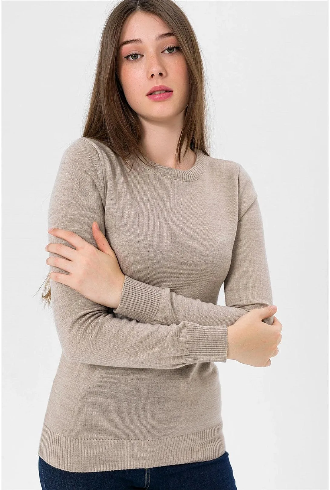 Women's Beige Crew Neck Knitwear Sweater | Timeless and Elegant Jumper