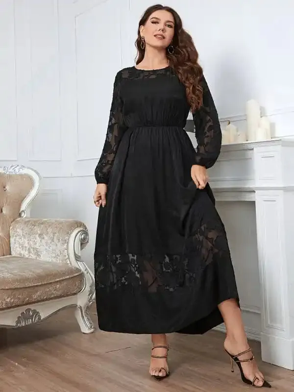 Women’s Solid Color Plus Size Lace Puff Sleeve Flared Skirt Maxi Dress