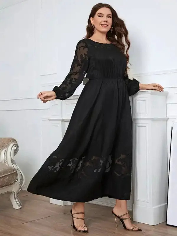 Women’s Solid Color Plus Size Lace Puff Sleeve Flared Skirt Maxi Dress