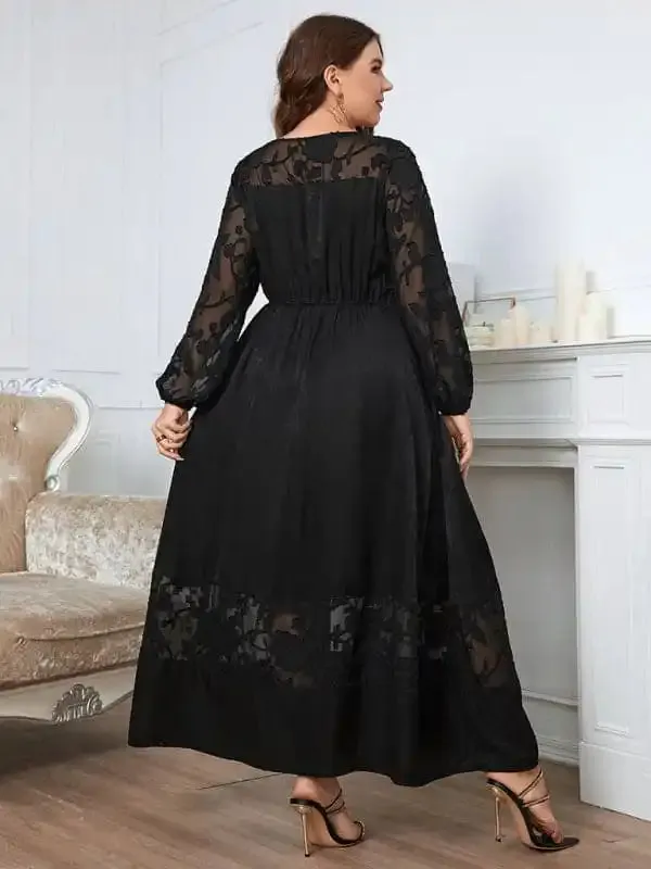 Women’s Solid Color Plus Size Lace Puff Sleeve Flared Skirt Maxi Dress